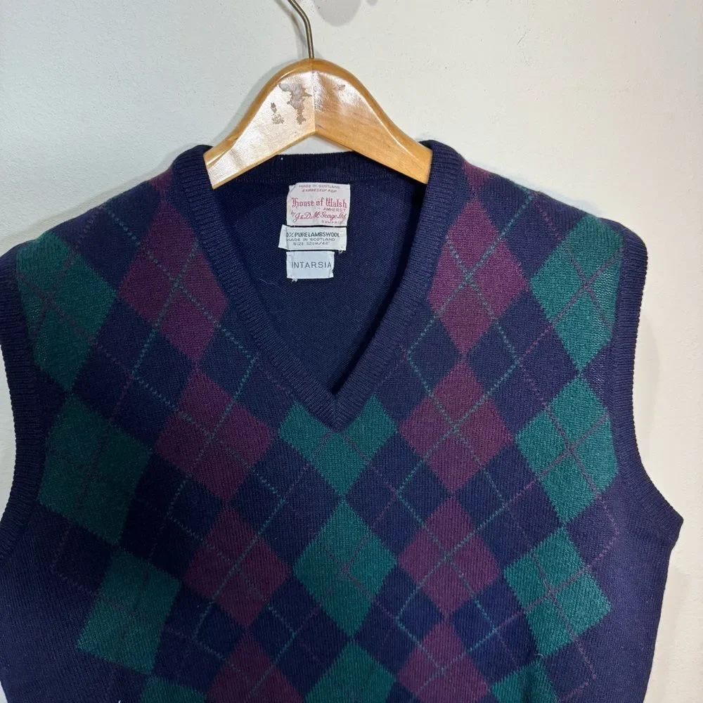 * House of Walsh VTG 1960s Men’s Golf Argyle Sweater Preppy Old Money 44 XL